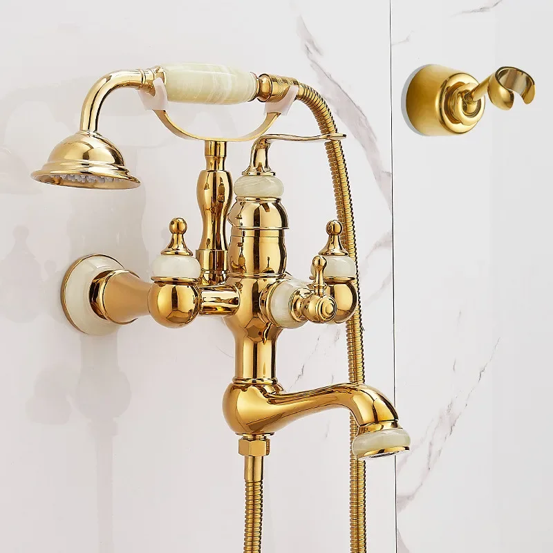 

gold bathroom shower set Wall Mounted Bathtub Tap high quality brass and Jade