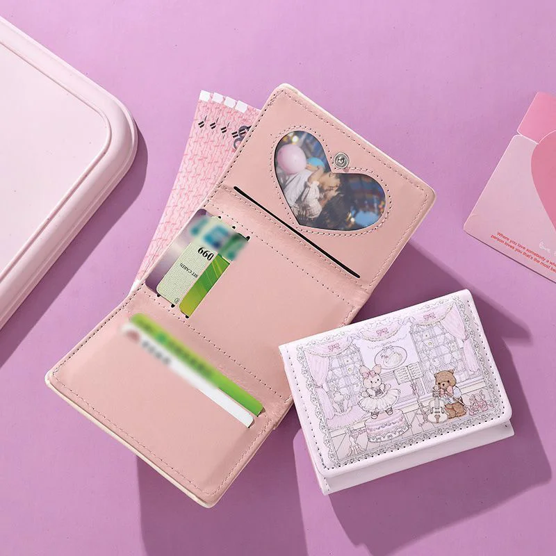 بو الجلود Kawaii لوليتا نمط الباليه الأرنب والدب المطبوعة محفظة قصيرة