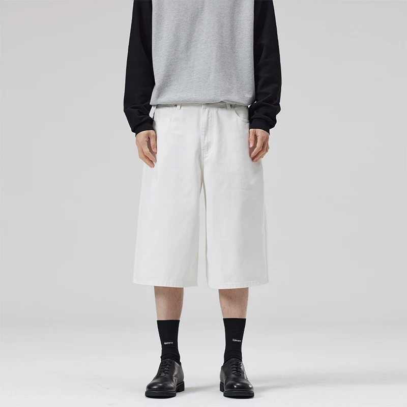 

100% Pure Cotton White Jeans, Summer Men's Loose Straight Leg Casual Shorts, Oversized Baggy Fashionable Streetwear Shorts