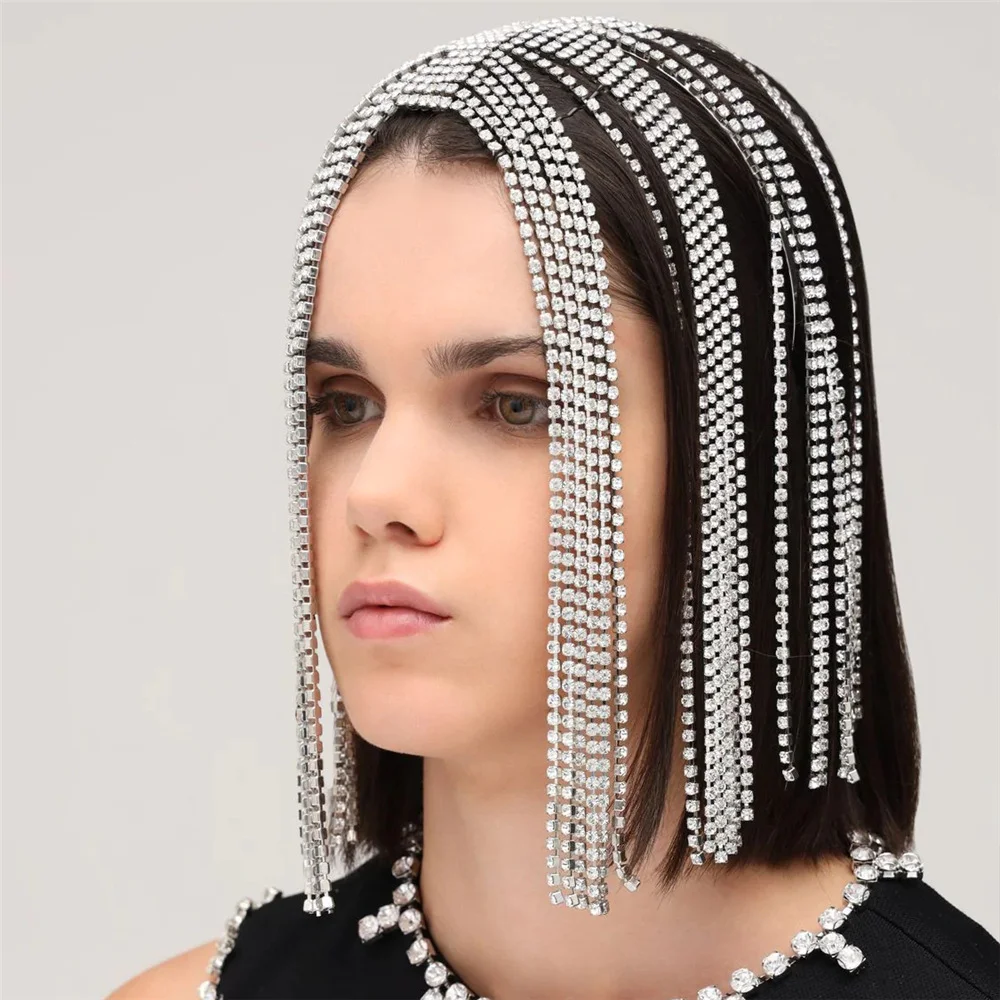 

New Glitter Rhinestone Short Tassel Hair Chain Headband Stage Performance for Women Crystal Headwear Headpiece Head Wig Chain