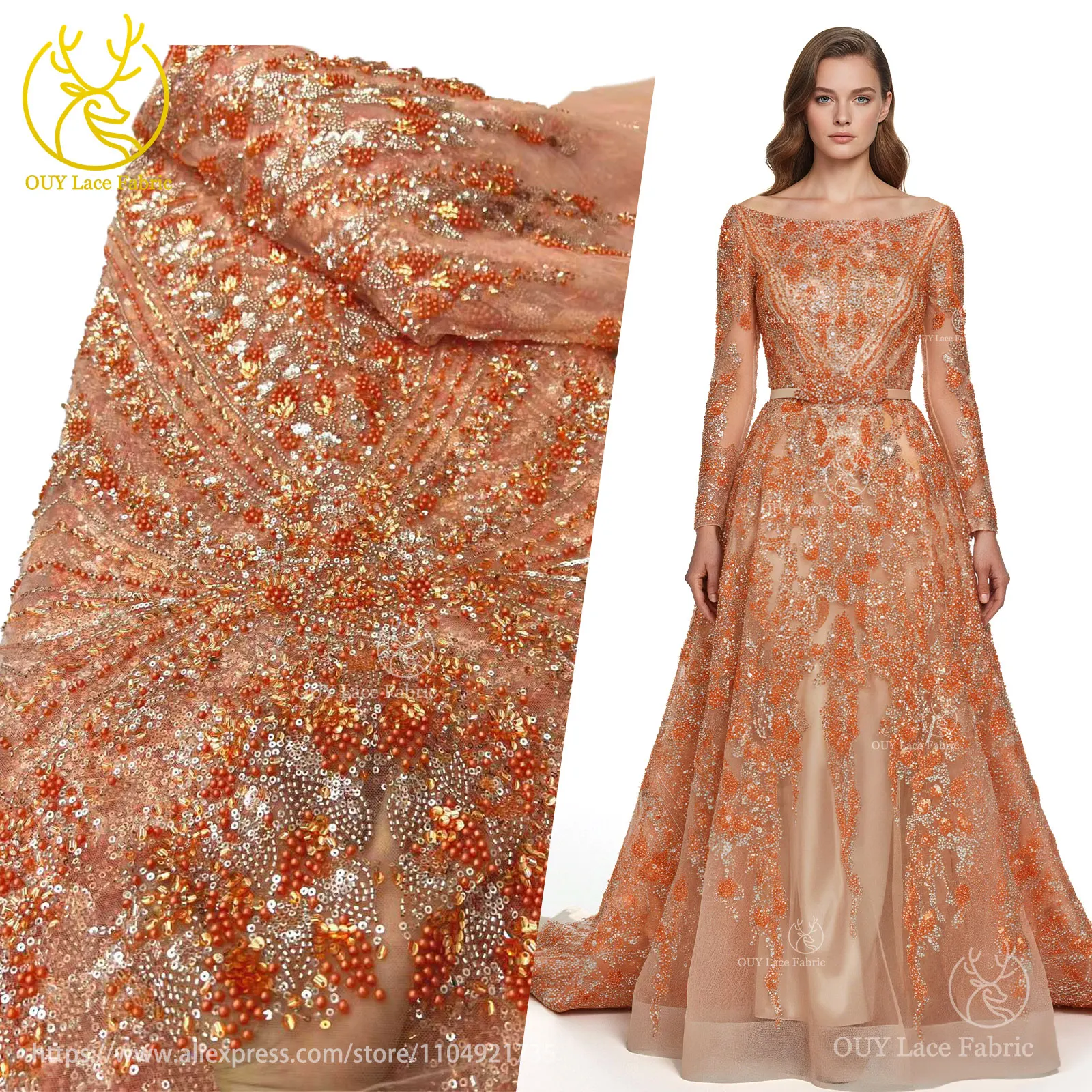 

Luxury African Beaded Lace Fabric High-Quality French Nigerian Sequined Embroidered Lace Fabric Ideal for Sewing Evening Gowns