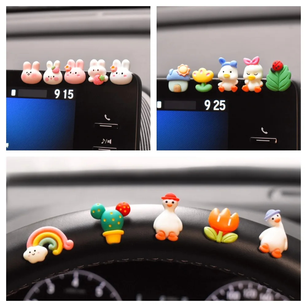 5pcs/set Cute Decorative Stickers Resin Rabbit Bow Duck Cactus Car Control Screen Stickers Cartoon Center Console Ornaments