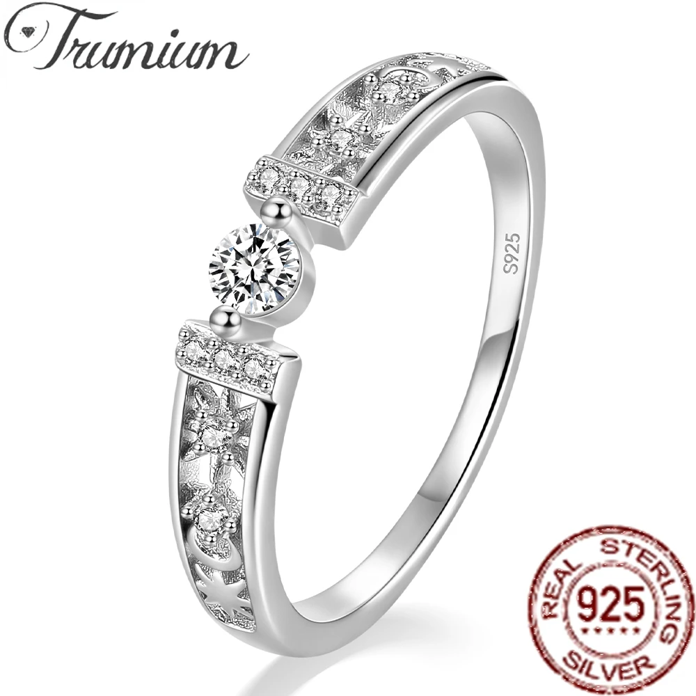 

Trumium Real 925 Sterling Silver Line Clear CZ Finger Rings Geometric Hollow Ring for Women Classic Wedding Statement Jewelry