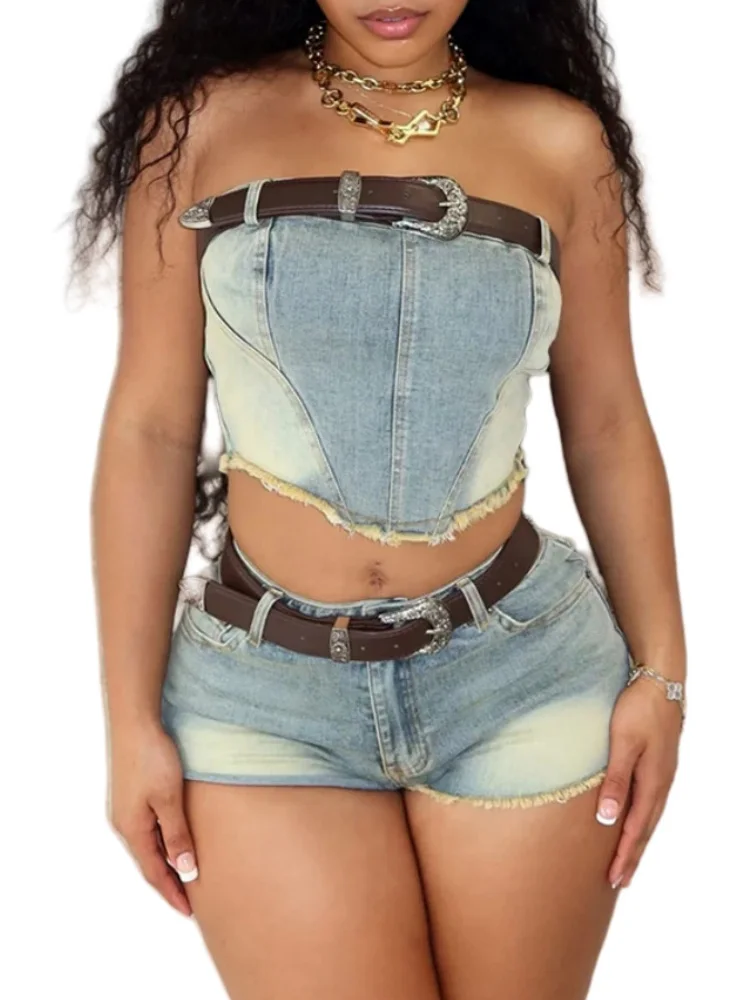 Benuynffy Denim Shorts Sets Womens Fashion Raw Hem Sexy Crop Tube Top Club Streetwear Women 2 Piece Set Outfit Without Belt