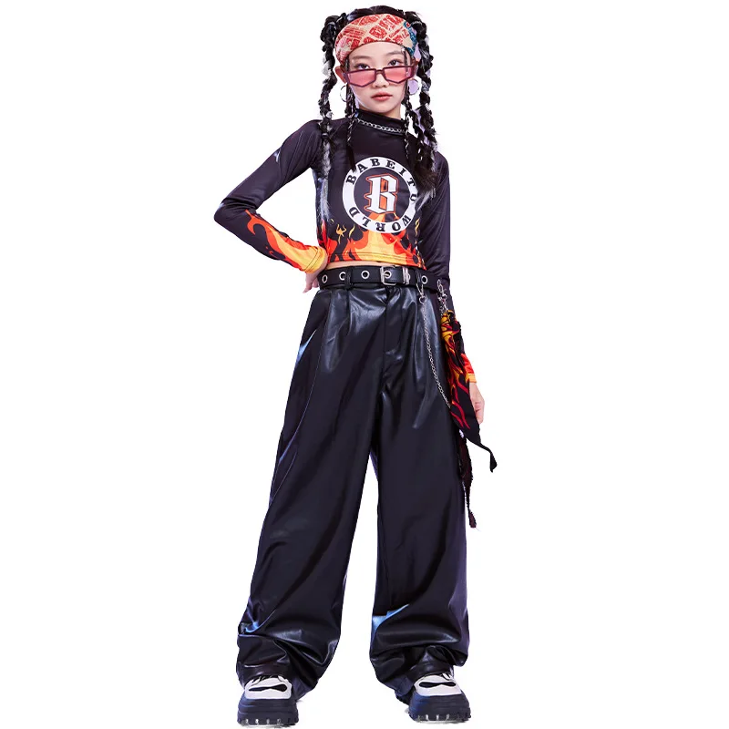Kid Cool Hip Hop Clothing Black Flame Long Sleeve Crop Top T Shirt Casual Faux Leather Pants for Girl Jazz Dance Costume Clothes