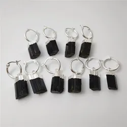 FUWO 1Pair Natural Green&Black Tourmaline Hoop Earrings,Silver Plated Semi-precious stone jewelry ER410Y