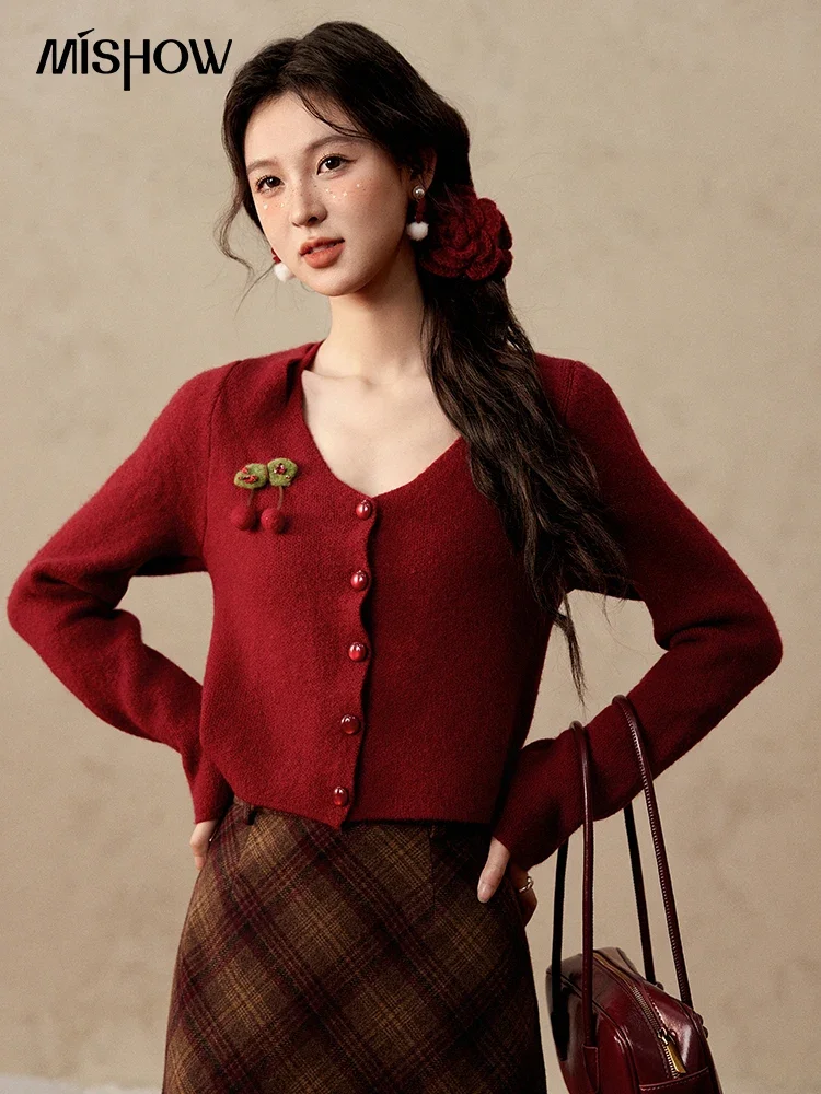 

MISHOW Red Knitted Short Cardigan Women Autumn Winter New Cherry Ornaments Sweet Slim Fit V-neck Long Sleeve Tops MXD112Z1006