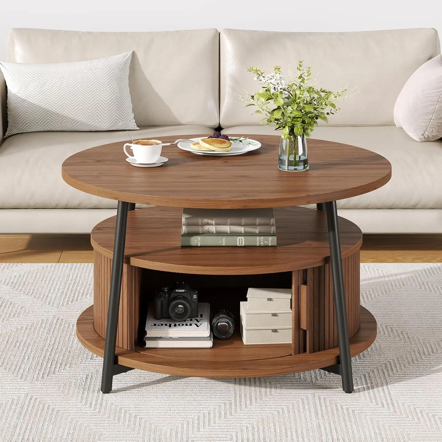

31.5" Round Coffee Table Storage 2 Tier Mid-Century Center Sliding Door Adjustable Footpad Living Room Walnut, Customized