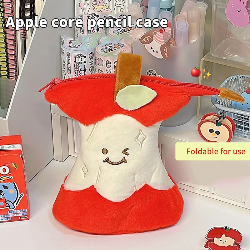 Cute Plush Fruit Core Pen Bag Two-sided Pattern Large Capacity Pencil Case Cartoon Stationery Organizer Creative Pen Container