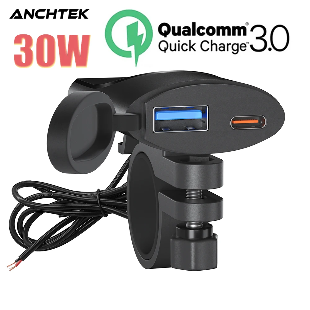 Anchtek QC3.0 Motorcycle USB Charger 30W USB-C Charger IP67 Waterproof Handlebar Mounting Bracket Digital Camera Phone Charger