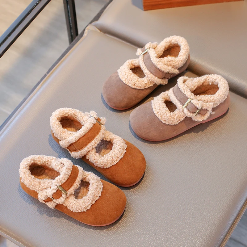

Children Winter Cotton Shoes Kids Thick Warm Plush Fur Shoes Simple Buckle Girls Moccasin Shoes Anti-Slippery Autumn 2024 New