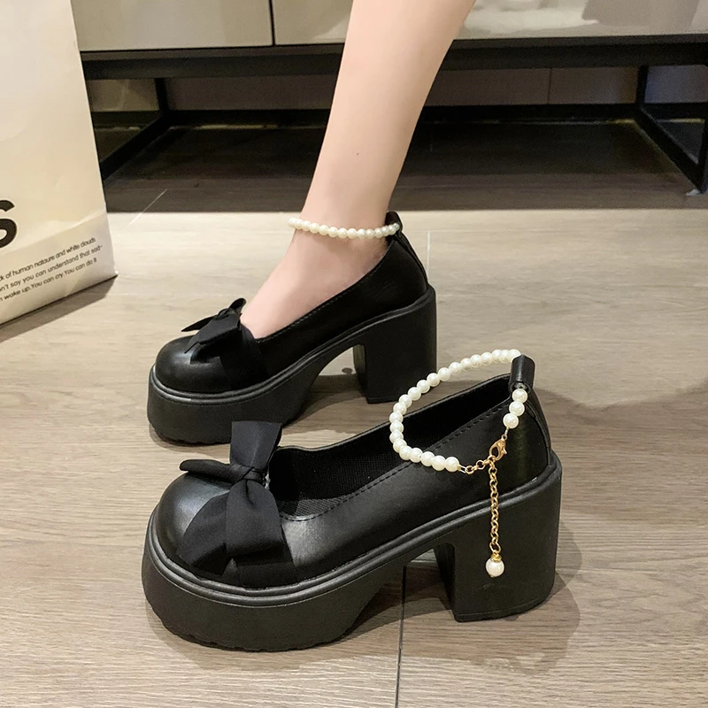 Fashion String of Beads Mary Jane Shoes Women's New Fashion Pearl Bow High Heels with Small Leather Shoes Women Single Shoes