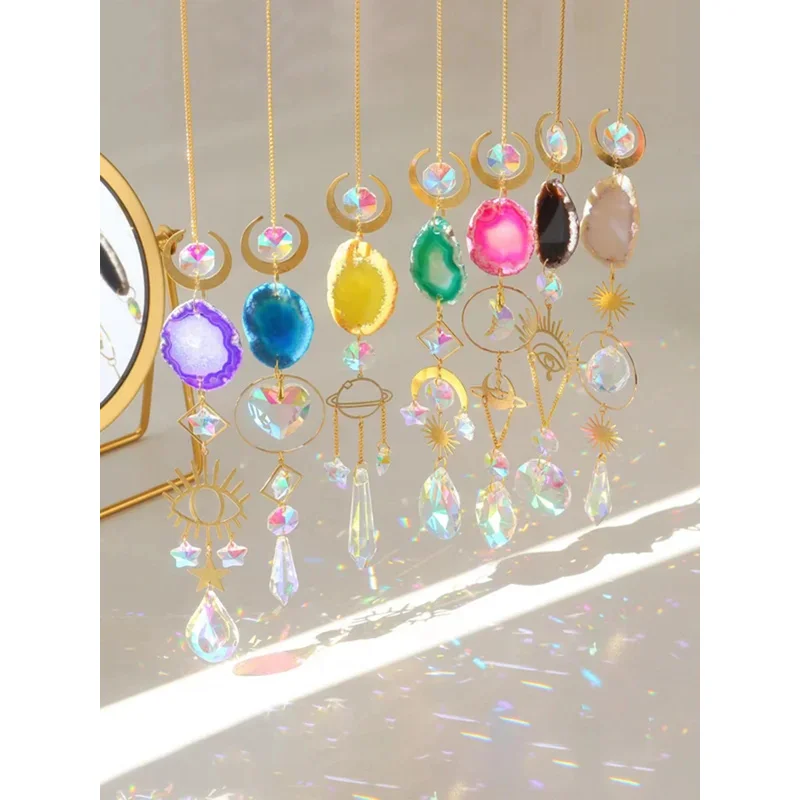 Crystal Sun Catcher Colorful Agate Rainbow Maker Stained Glass Evil Eye Sun Moon Window Hanging Prism For Garden Home Decoration