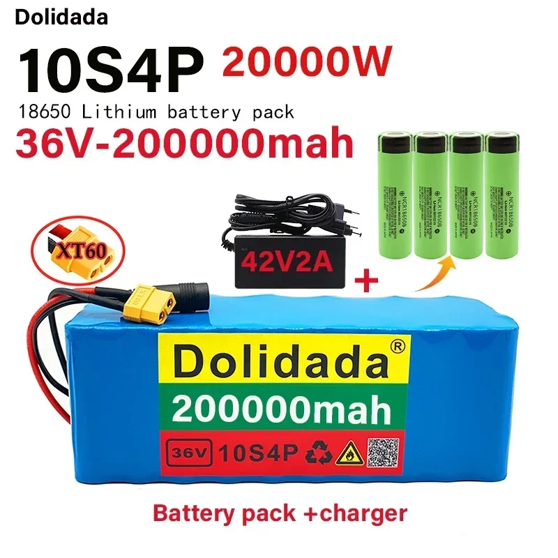 

36V 10S4P 200Ah lithium battery, large capacity, including BMS XT60 socket and charger