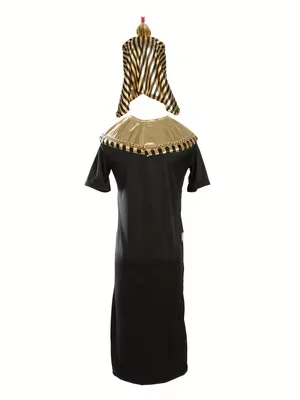 Kids Egyptian Pharaoh Costume 5-Piece Set Headdress Collar Belt Shoulder Strap Black Gold Tunic Halloween Cosplay Outfit view 2