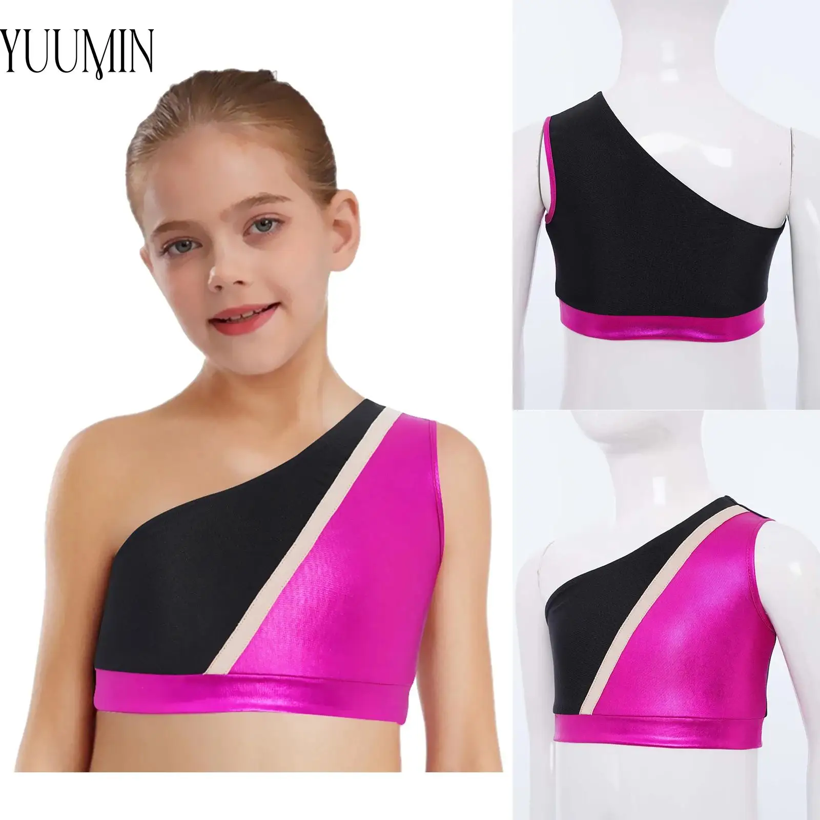 

Kids Girls Color Block One Shoulder Sleeveless Metallic Sports Crop Top for Ballet Dance Figure Skating Gymnastics Performance