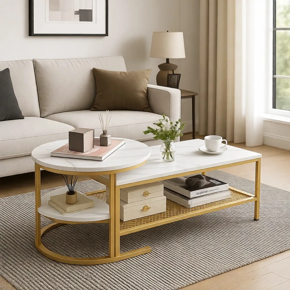 Nesting Coffee Table Set of 2 - Modern Detachable and Round Tables with Faux Marble and Metal Frame for Living Room