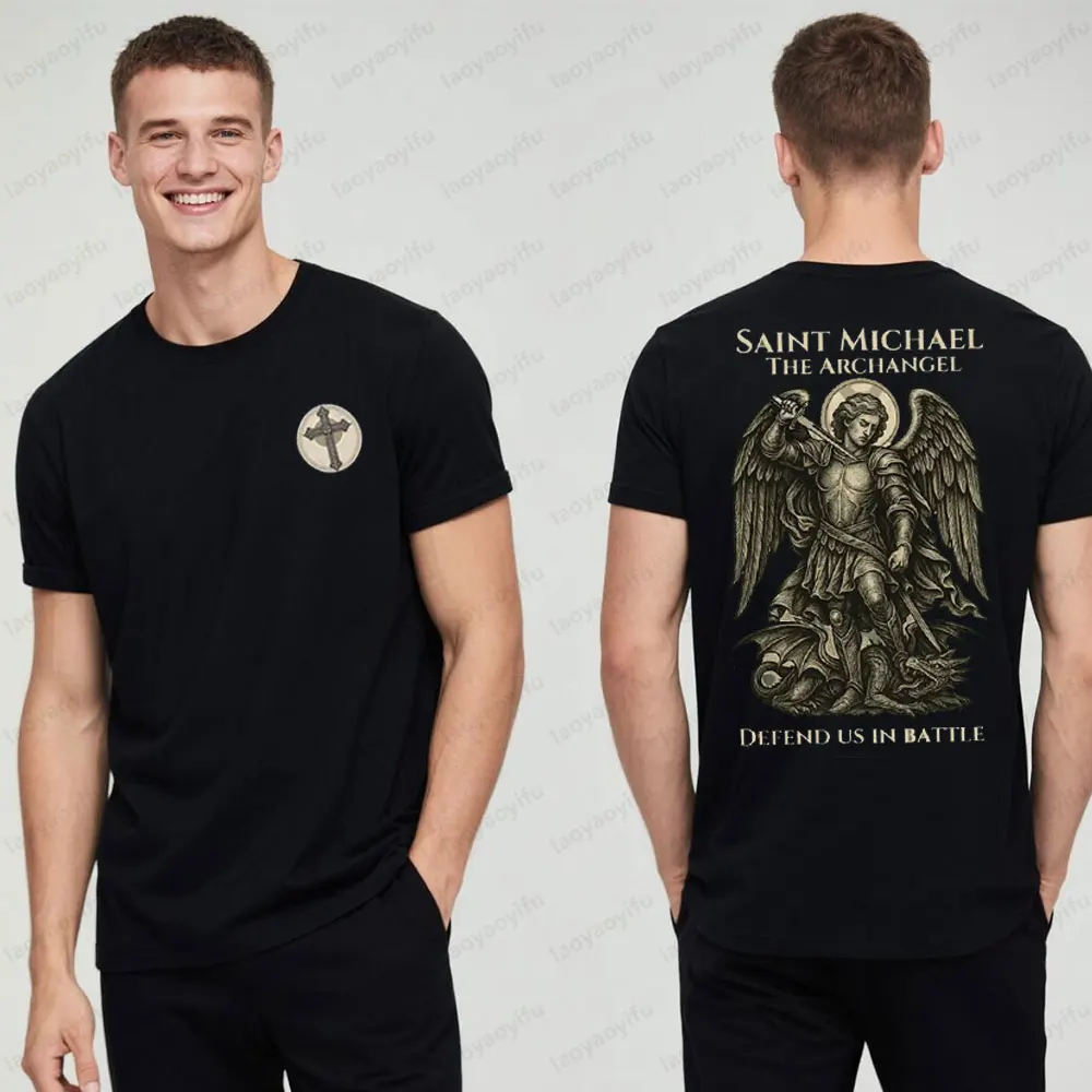 Camiseta de San Miguel Arcángel, camiseta de guerrero católico, camiseta de armadura de batalla espiritual, ropa de calle de moda para hombre, manga corta de algodón