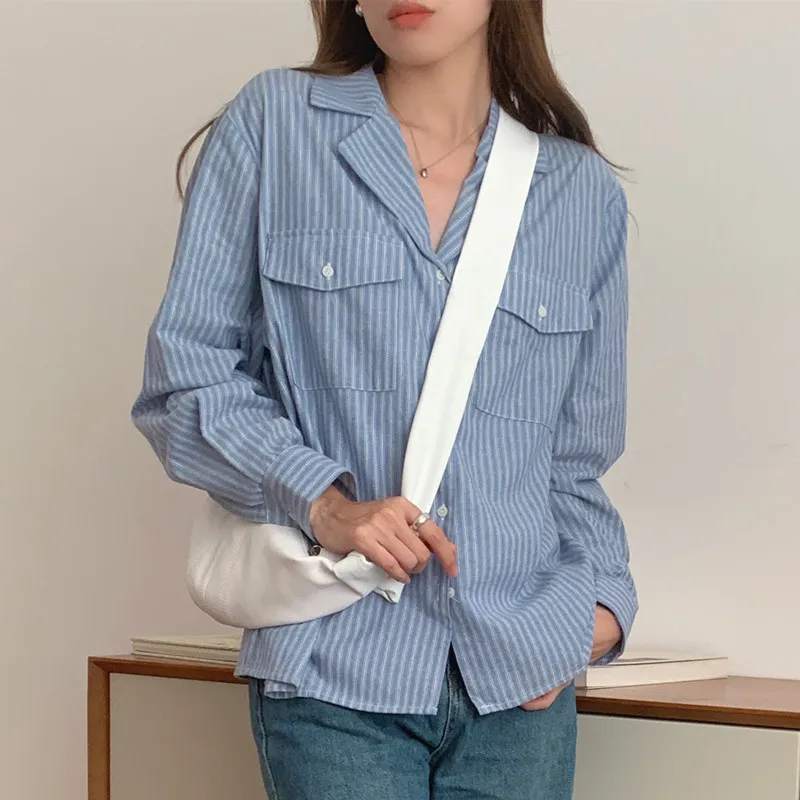 Spring Autumn Women's Striped Turn-down Collar Button Solid Pockets Long Sleeve Cardigan Shirt Vintage Casual Elegant Tops