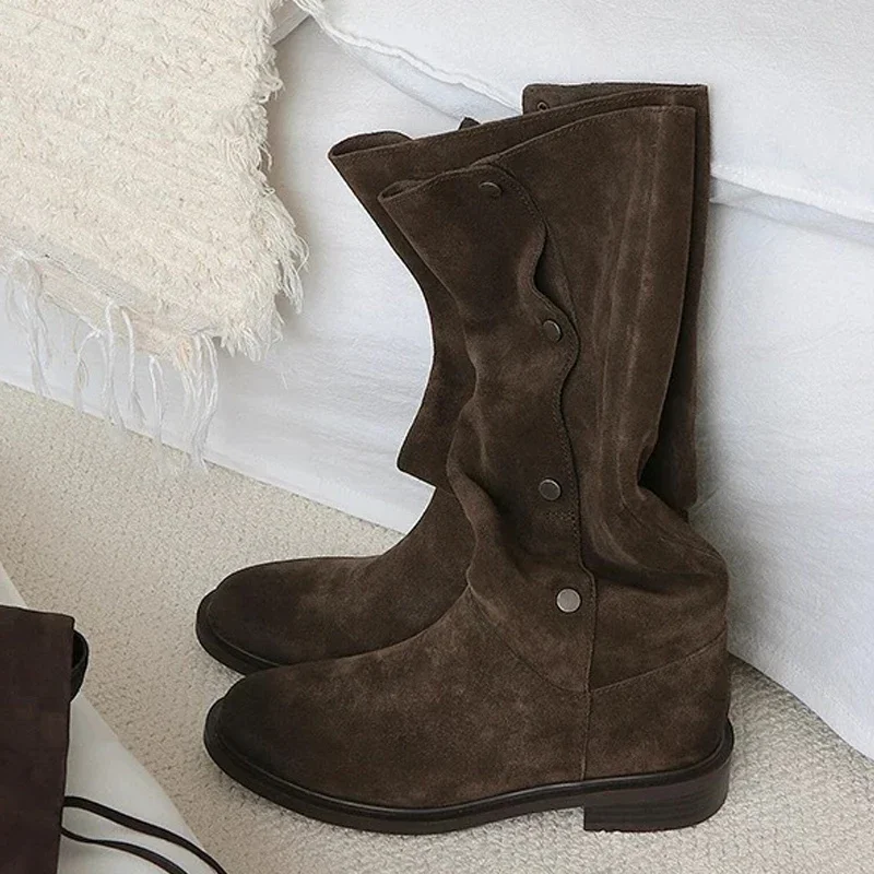 

Aneikeh 2026 Autumn Winte Vintage Pointed Toe Women Knee-High Boots Square Low Heels Shoes Designer Buckle Strap Long Booties