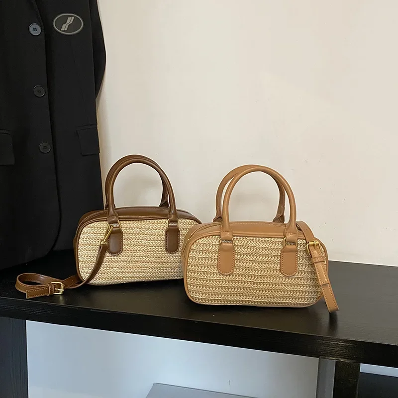 

Women's shoulder bag popular contrast color straw bag female summer all match crossbody bag carry bowling bag