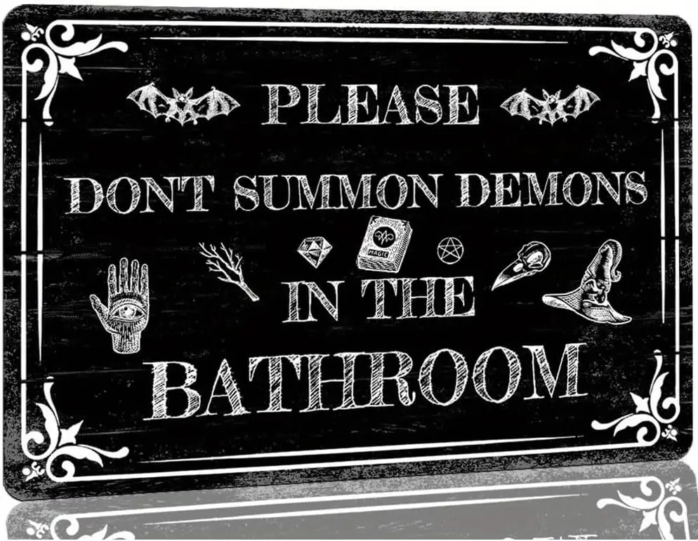 Vintage Gothic-Metallschild aus Blech – Bitte rufen Sie keine Dämonen im Badezimmer an – Dekorative Plakette für Halloween-Party-Dekorationen