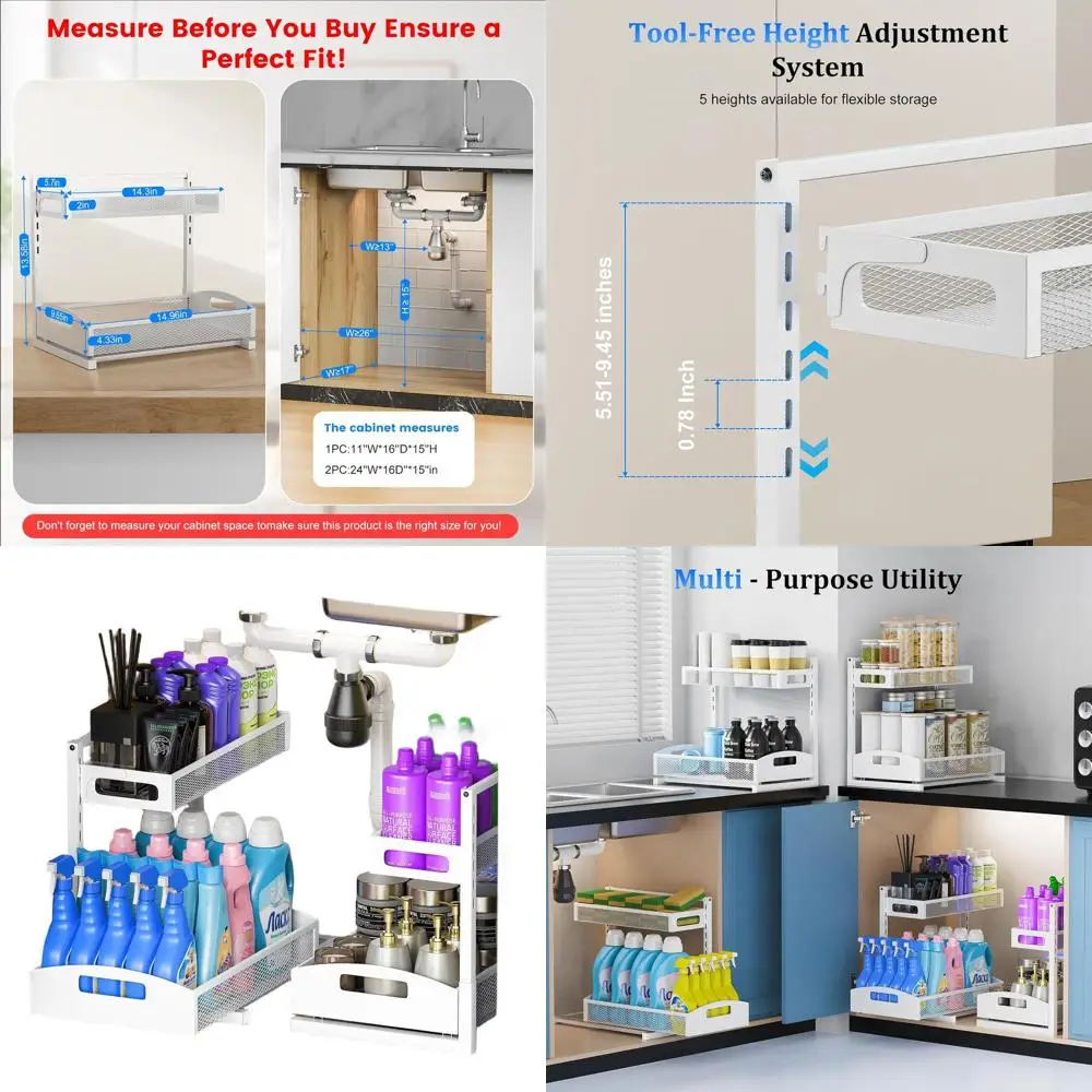 Metal Under Sink Organizer, Pull Out Cabinet Organizer Rack with Silk-Smooth Bottom Drawer, 5-Level Adjustable, Multi-Purpose St