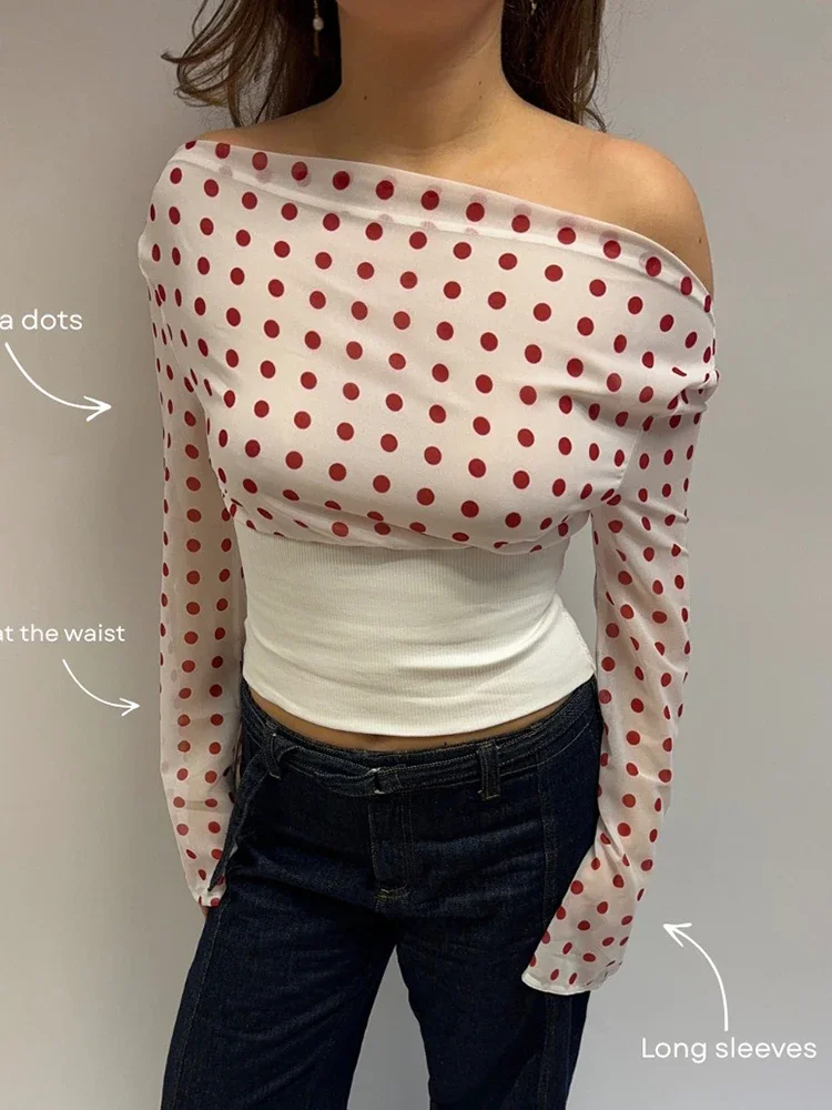 Polka Dot Oblique Shoulder T-shirt Tops For Women Sexy Slim Long Sleeve Backless Fashion Patchwork Female T-shirt Tops