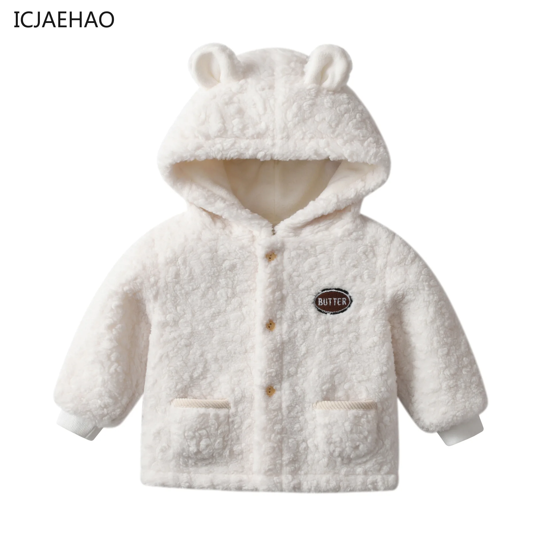 2025 New Winter Coats for Boys Girls Spring Children Lamb Fleece Jacket Ears Hooded Top Warm Cute Outwear White Outfits Clothes