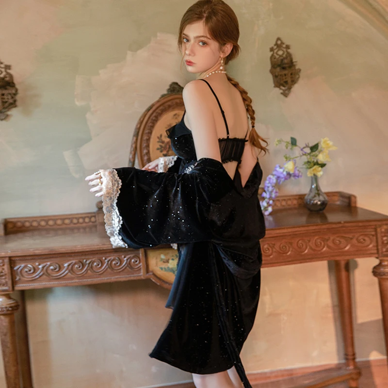 Inverno outono macio veludo robe conjunto starlight lingerie sexy feminino sem costas quente noite vestido mulher camisola pijamas