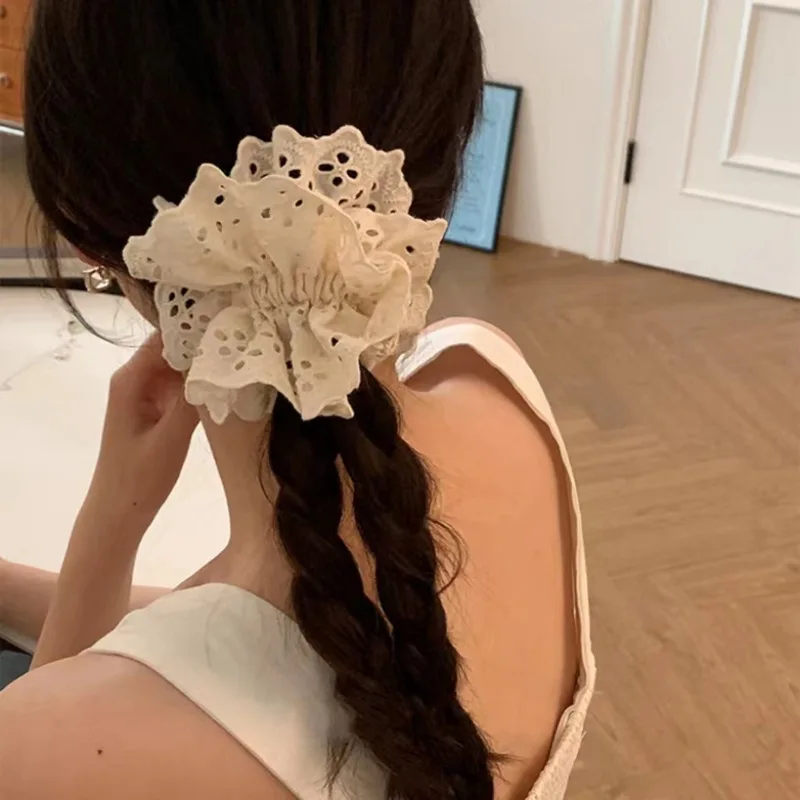 Korean Embroidery Hollowed Lace Ruffled Double-layer Scrunchie for Women Girls Lolita Elegant Ponytail Headwear Hair Accessories