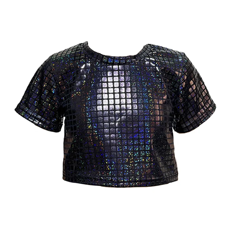 Kids Shiny Metallic Short-sleeved Crop Top Laser Grid Mock Neck Hip-hop Jazz Dance Costumes Street Dance Stage Performance Wear