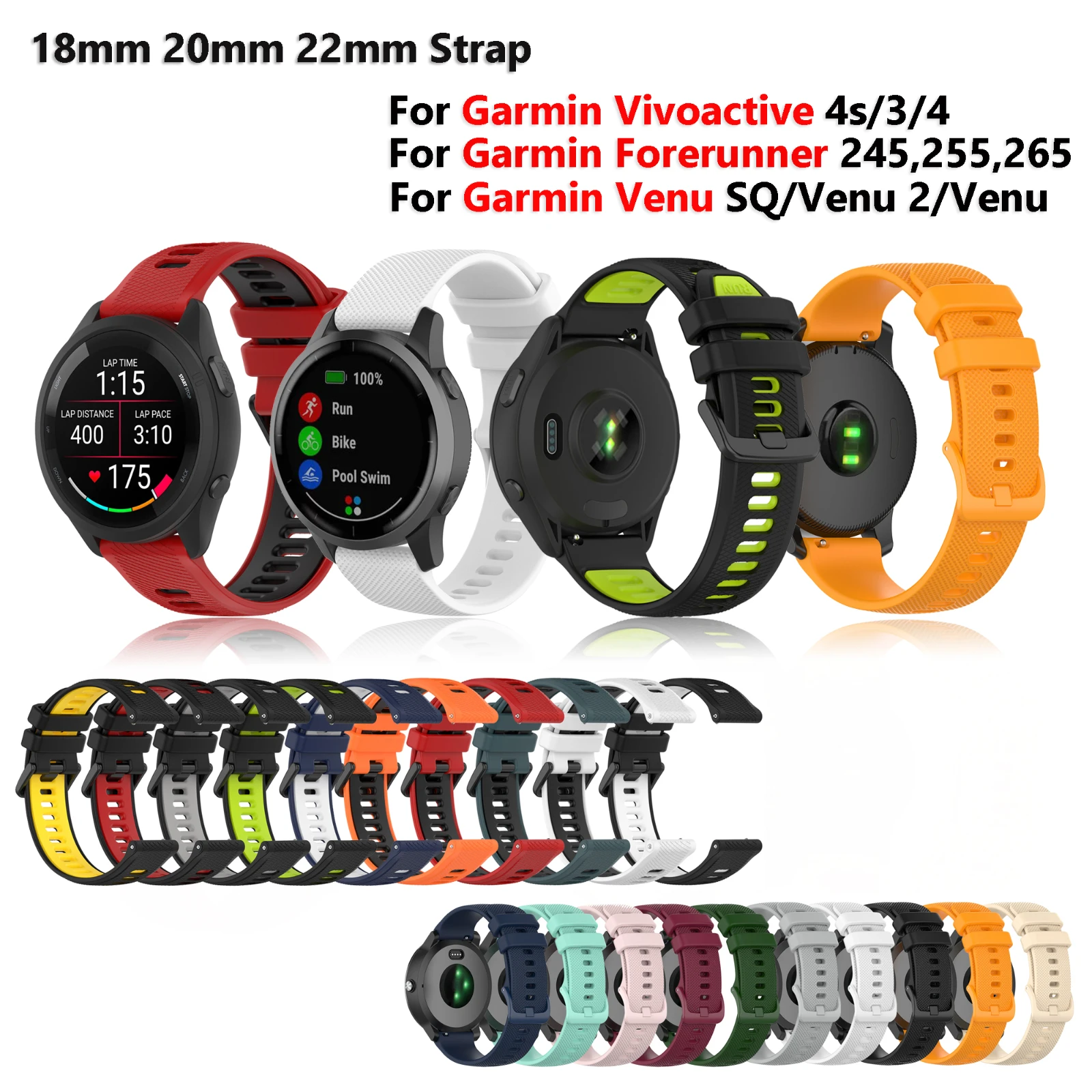 Tali jam silikon 18 20 22mm untuk Garmin Vivoactive 3/4, gelang Forerunner 255 265 245 745 Venu 2 Plus SQ