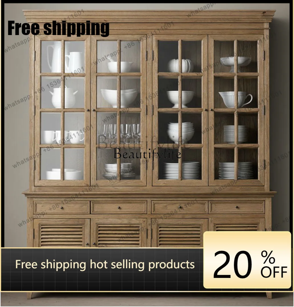 Factory Direct Solid Wood American Light Luxury Four-door Dining Side Cabinet French Antique Old Wall Bookcase