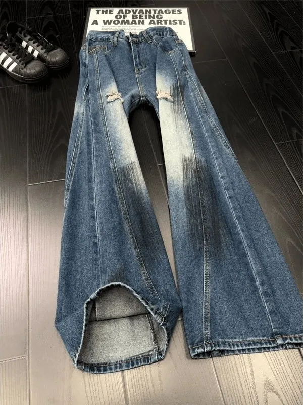 

Deep Blue adient Ripped Wide Leg Men's Jeans High Street Sle Casual Straight Micro Flared Pants Tear Scratch Design