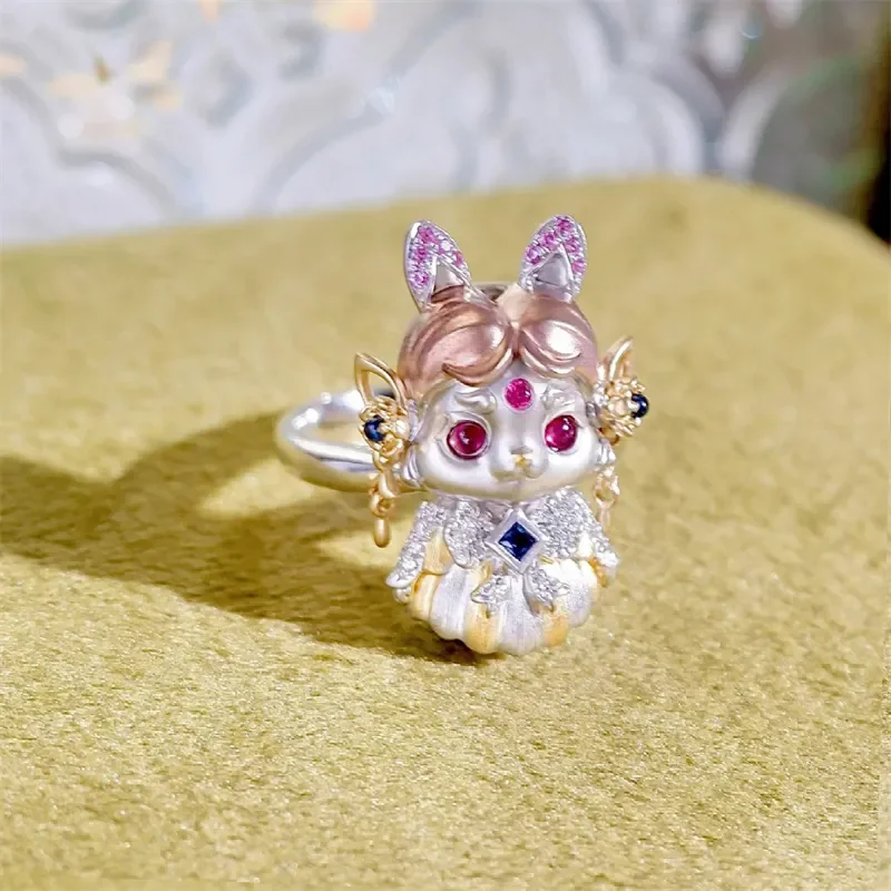 

Silver Color Inlaid Multi Zircon Stone A Little Rabbit Fairy Wearing A Beautiful Hanfu Ring Women High End Fashion Jewelry Ring