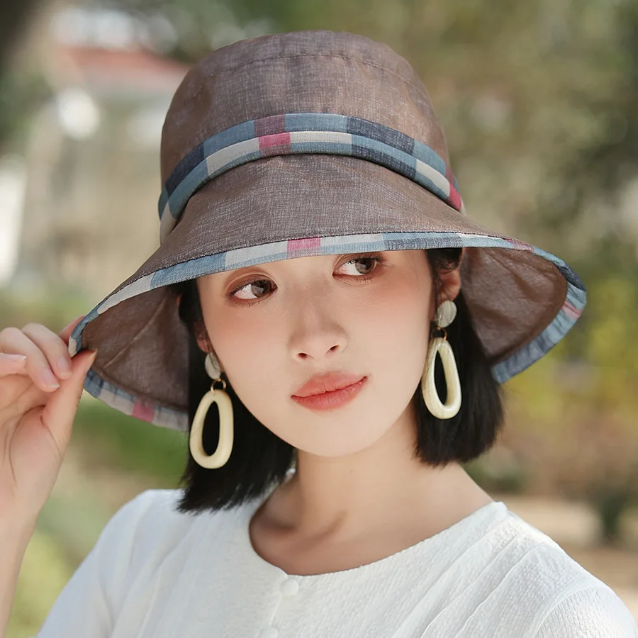 Fisherman's Hat Female Korean Plaid Bow Large Brim Breathable Sunscreen Hat Elegant Hundred Mom Sunshade Hat sub