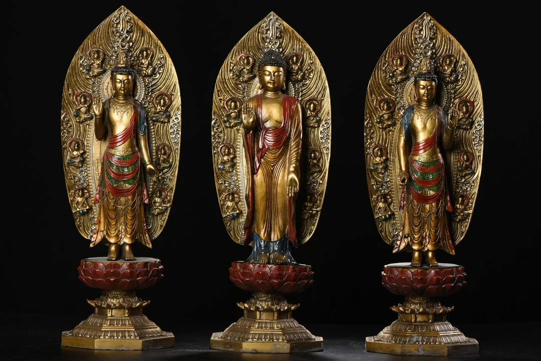 

17"Tibetan Temple Collection Old Bronze Painted Three Sages Buddha Set Shakyamuni Guanyin Amitabha Worship Hall Town house