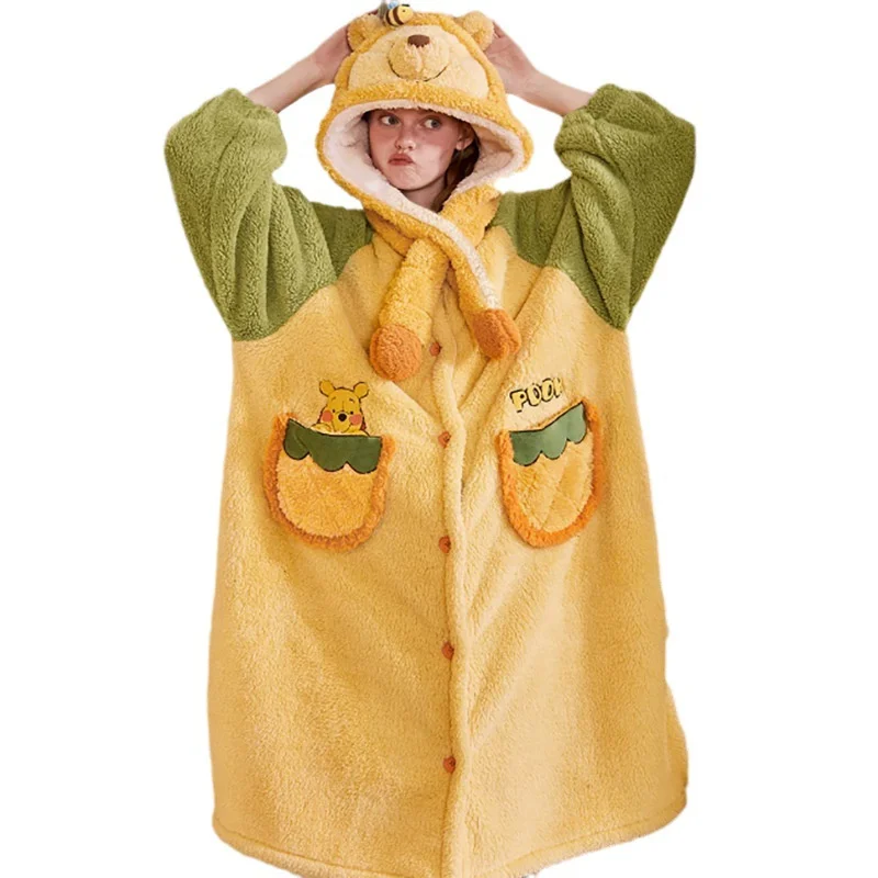 Women\'s Autumn Winter Cute New Velvet Thickened Hooded Pajamas Coral Velvet Warm Plush Home Wear Pajamas