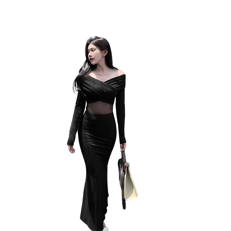 Gonna a sirena aderente nera trasparente con scollo a barchetta incrociata vintage Abiti maxi autunnali da donna delicati con giunture slim fit sexy