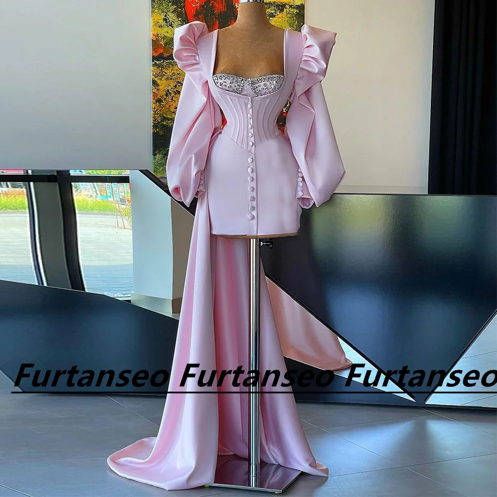 Pink Mini Cocktail Dresses Customized Puff Long Sleeve Button Square Neck Crystal Elegant платье женское на выпускной короткое