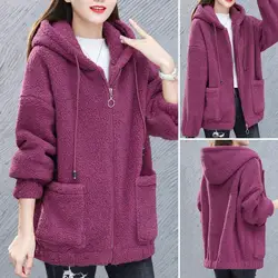 Women Hooded Coat Chic Fleece Thick Solid Color Pockets Long Sleeves Loose Warm Plush Zipper Cardigan Winter Jacket for Outdoor