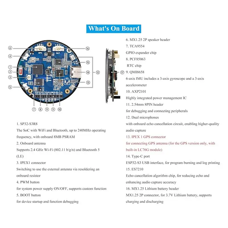 ESP32-S3 Development Board With 1.75Inch AMOLED Round Touch Display, Dual-Core LX7 Processor, 466X466 Resolution, QSPI