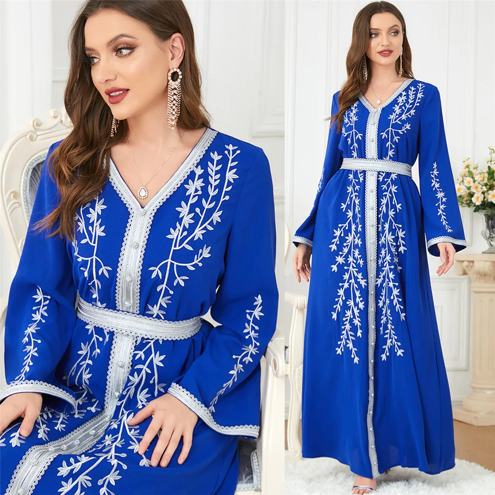 

Elegant Embroidery Women's Long Dress Dubai Kaftan Muslim Abayas V-neck Spring Autumn Evening Party Gown Turkish Islamic Ramadan