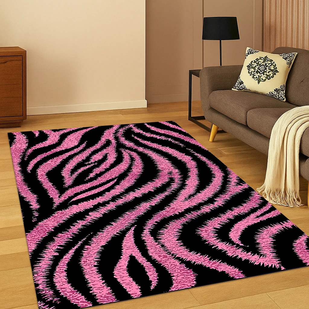 Alfombra con estampado de leopardo y rayas de cebra en 3D, alfombra a rayas de tigre para sala de juegos, dormitorio, sala de estar, sofá, decoración de felpudo, alfombra antideslizante para juegos de niños