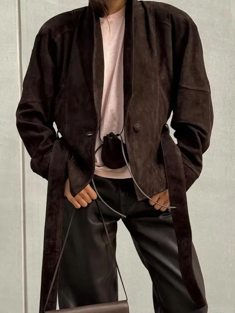 HH المرأة الخريف الصلبة التلبيب مربوط مع جيوب طويلة الأكمام سترة الإناث العصرية الجلد المدبوغ الملمس شارع العليا السببية معاطف