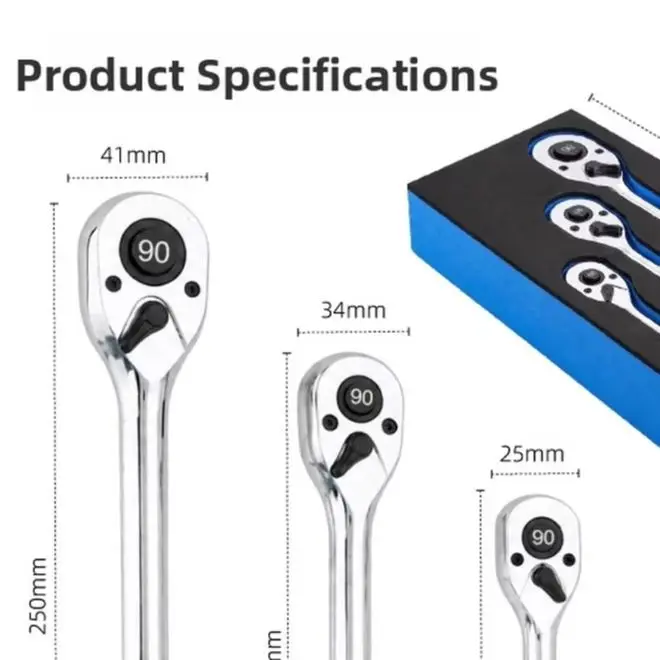 Chromium Vanadium Steel Ratchet Wrench Set 3 Piece with 90 Tooth Engagement for 1/4 3/8 1/2 Inch Sockets Professional Grade Tool