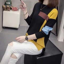 Fashion All-match Geometric Pattern Sweaters Female Autumn Winter Korean Round Neck Loose Vintage Long Sleeve Knitted Jumpers