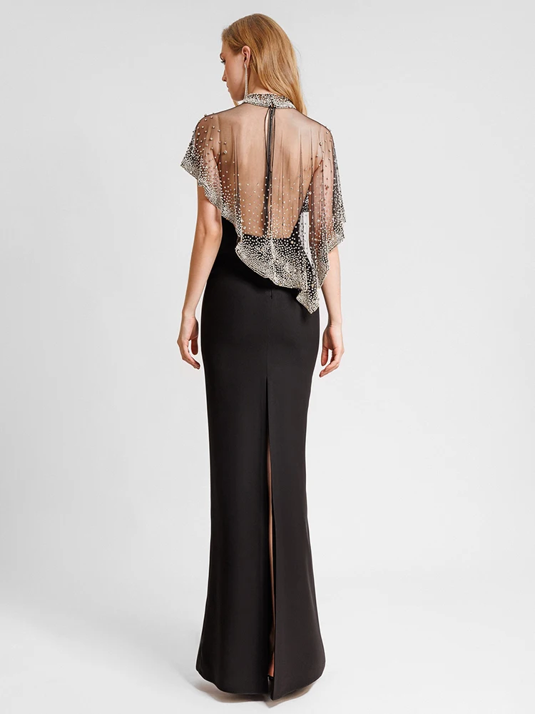 VC luxe pure perlée maille Cape noir Maxi bretelles robe sans manches pour les événements formels robe