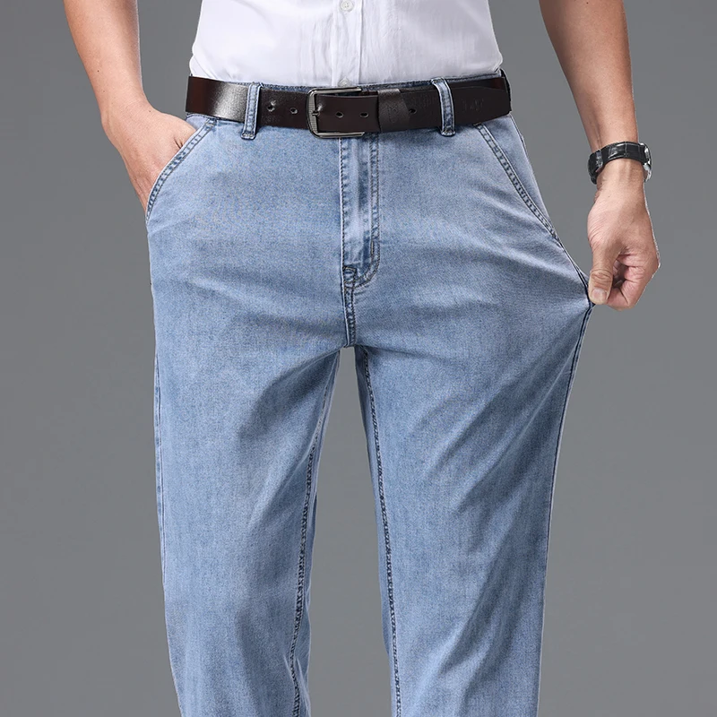 

Brand Thin Lyocell Vintage Jeans Men's Fashion Straight Trousers Slim Elastic Breathable Male Clothing Denim Trousers